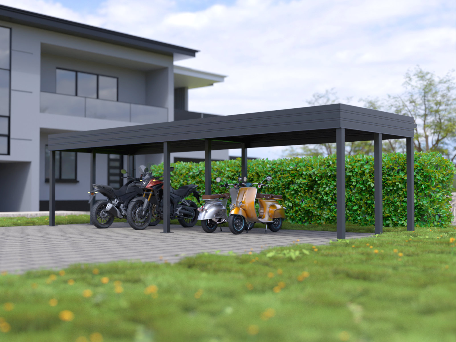 Moderne Motorrad-Carport mit Mehrfachstellplatz vor einem Haus