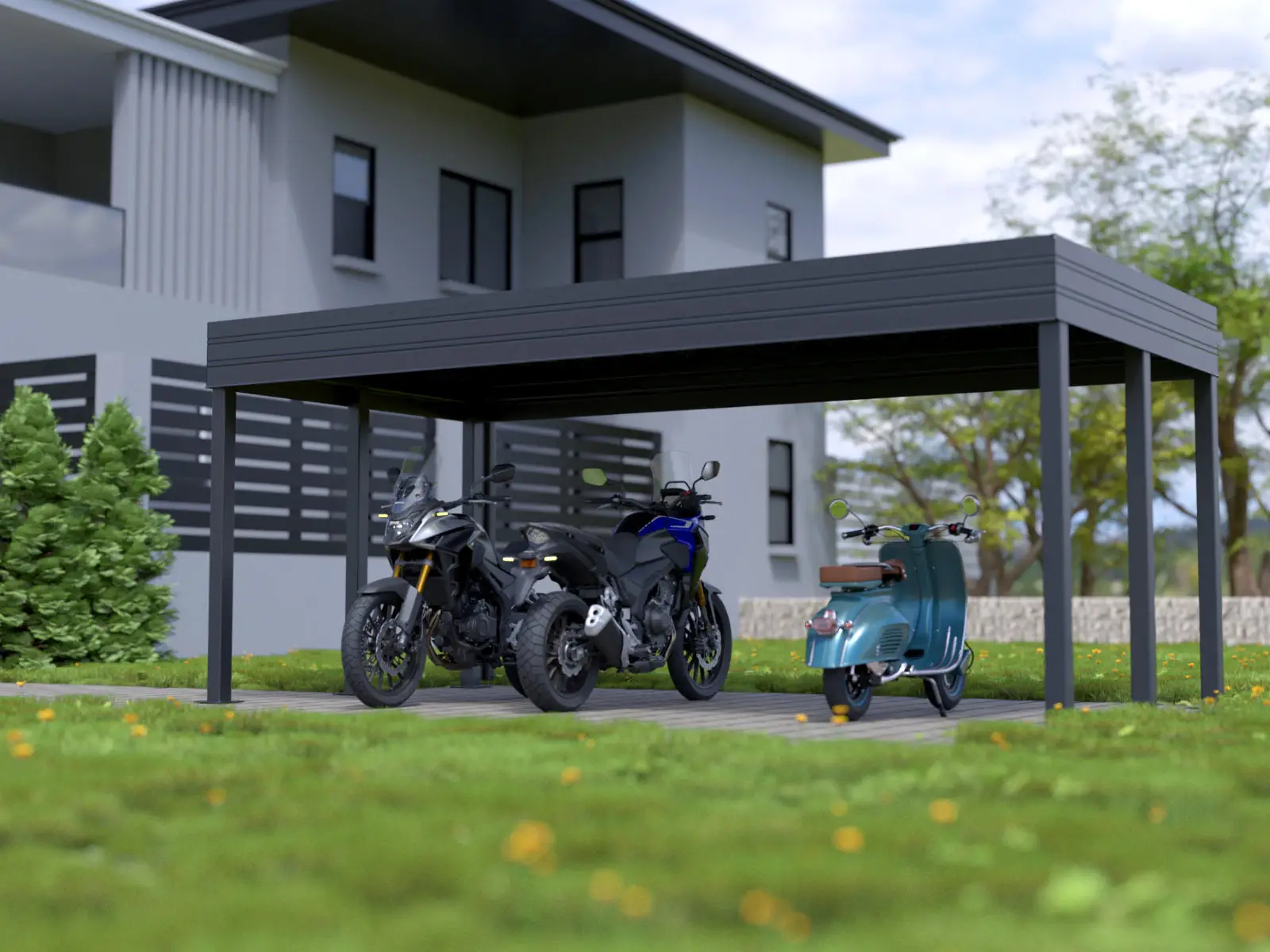 Sportmotorräder unter einem Motorrad-Carport geparkt