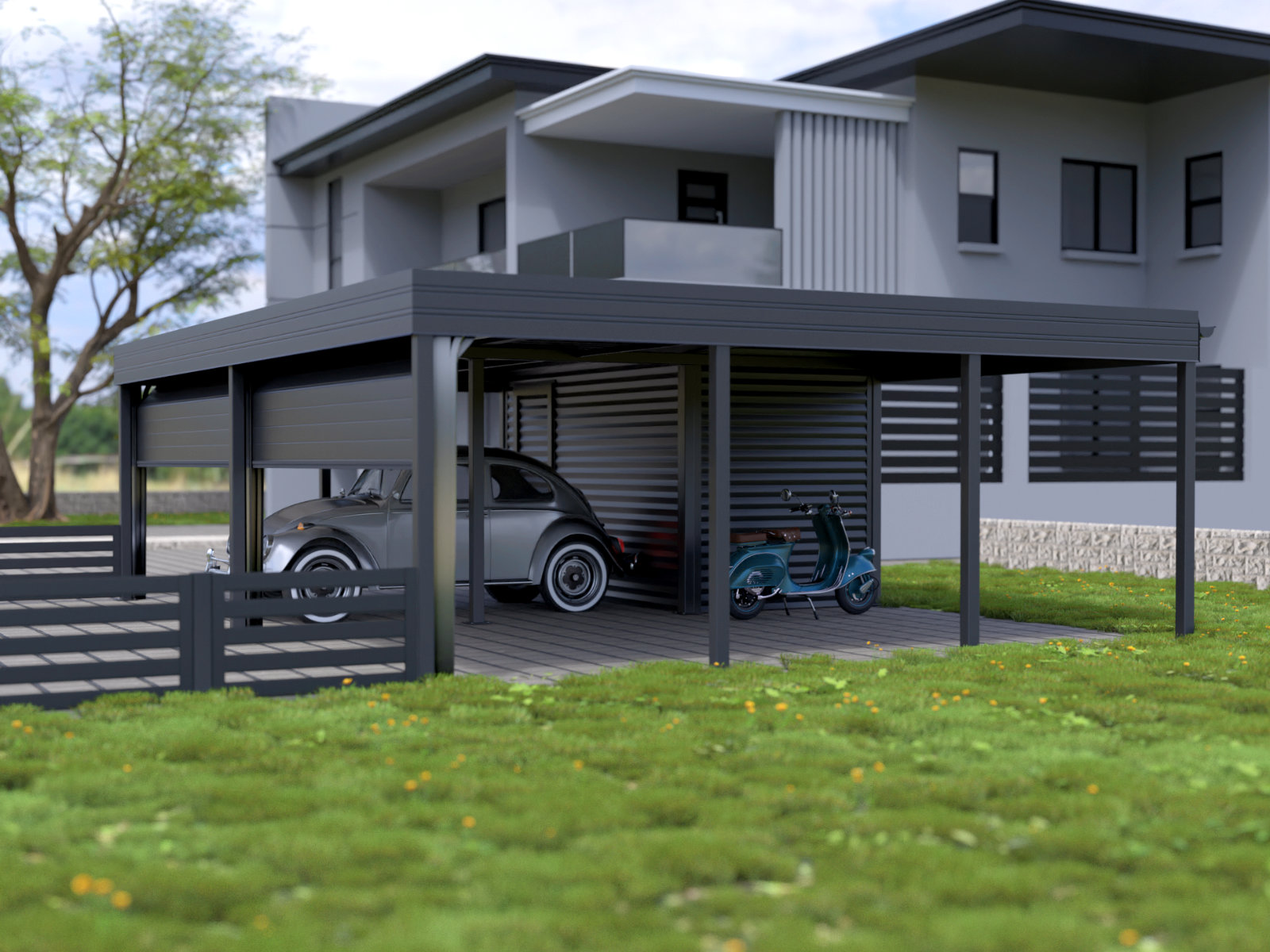 Moderne Überdachung direkt an das Wohnhaus angeschlossen, mit klassischem Auto und Roller