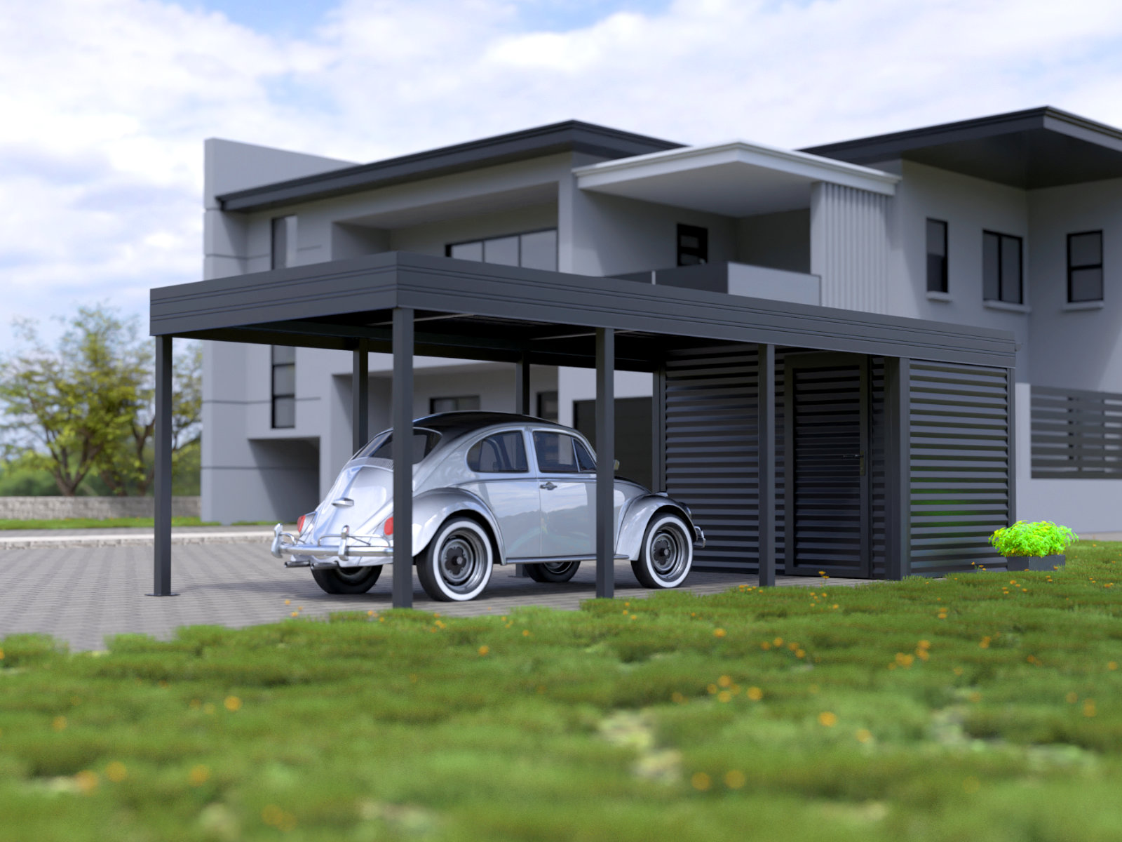 Überdachter Carport an einem modernen Wohngebäude mit einem klassischen Auto